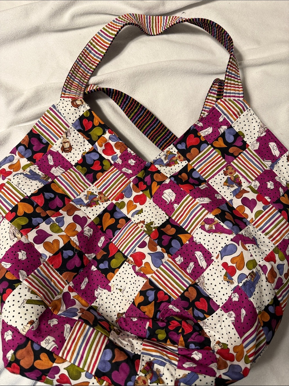 Colorful Patchwork quilted Heart NURSE Tote Bag in Purple
